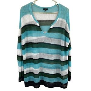 Talbots Mesh Striped Lightweight Sweater Size 2X Petite 2XP Linen Blend‎ V-Neck